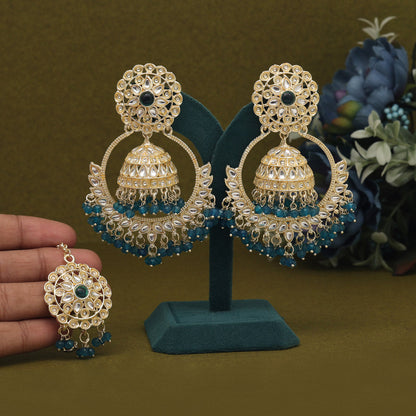 Turquoise Blue Color Kundan Earrings With Maang Tikka (KDTE563TBLU) - preyans.com