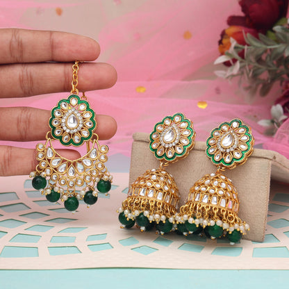 Green Color Kundan Earrings With Maang Tikka (KDTE569GRN - preyans.com