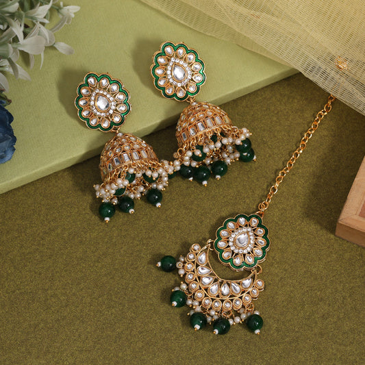 Green Color Kundan Earrings With Maang Tikka (KDTE569GRN - preyans.com