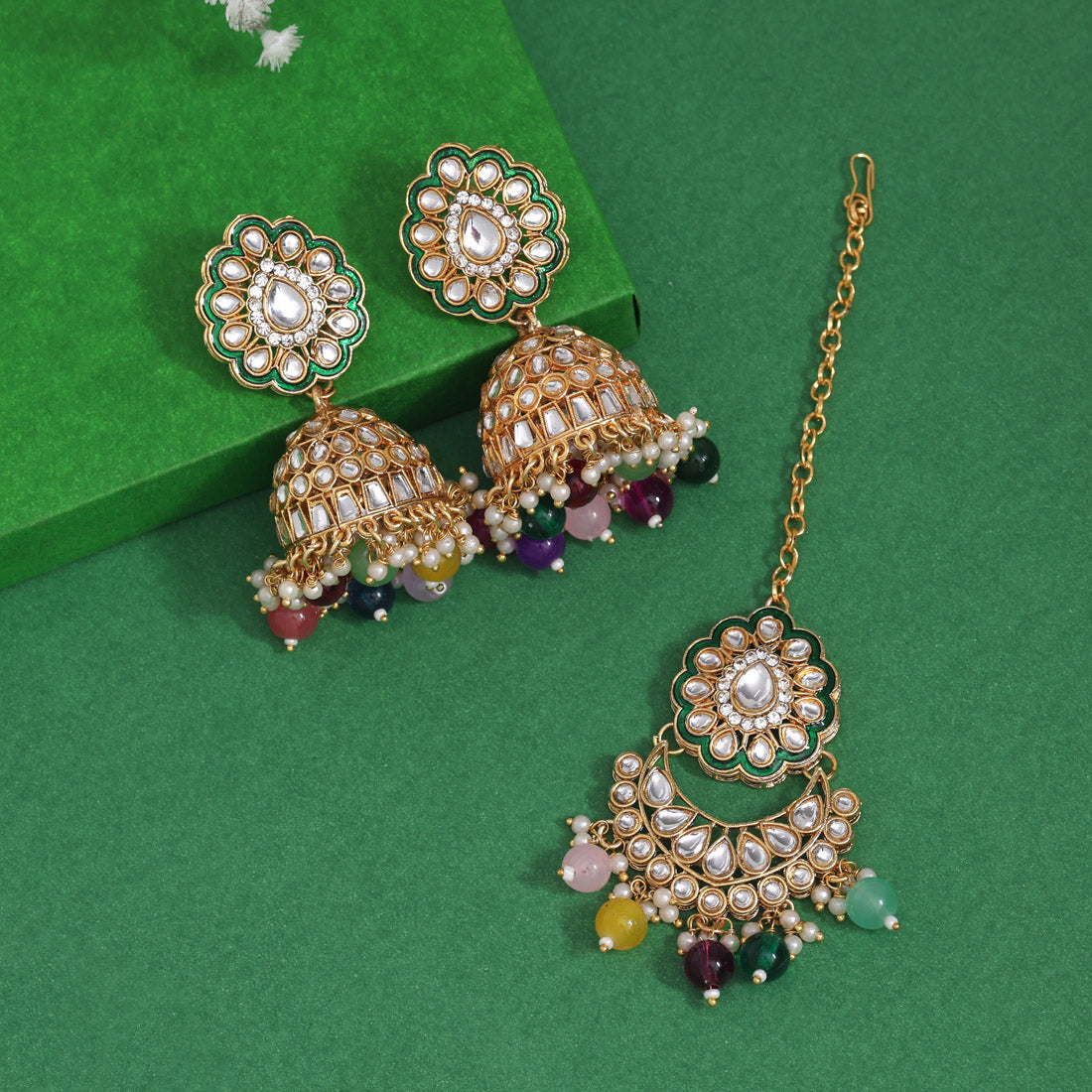 Multi Color Kundan Earrings With Maang Tikka (KDTE569MLT - preyans.com