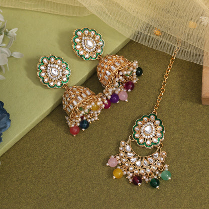 Multi Color Kundan Earrings With Maang Tikka (KDTE569MLT - preyans.com