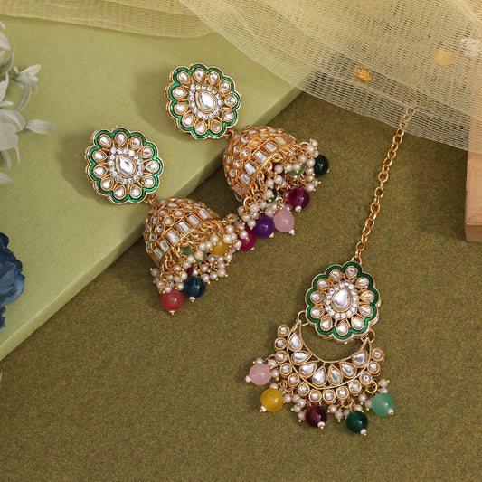 Multi Color Kundan Earrings With Maang Tikka (KDTE569MLT - preyans.com