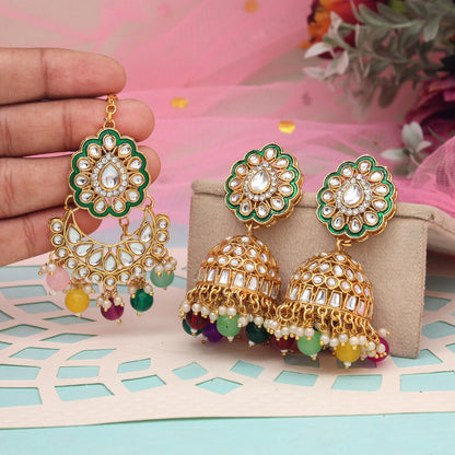 Multi Color Kundan Earrings With Maang Tikka (KDTE569MLT - preyans.com