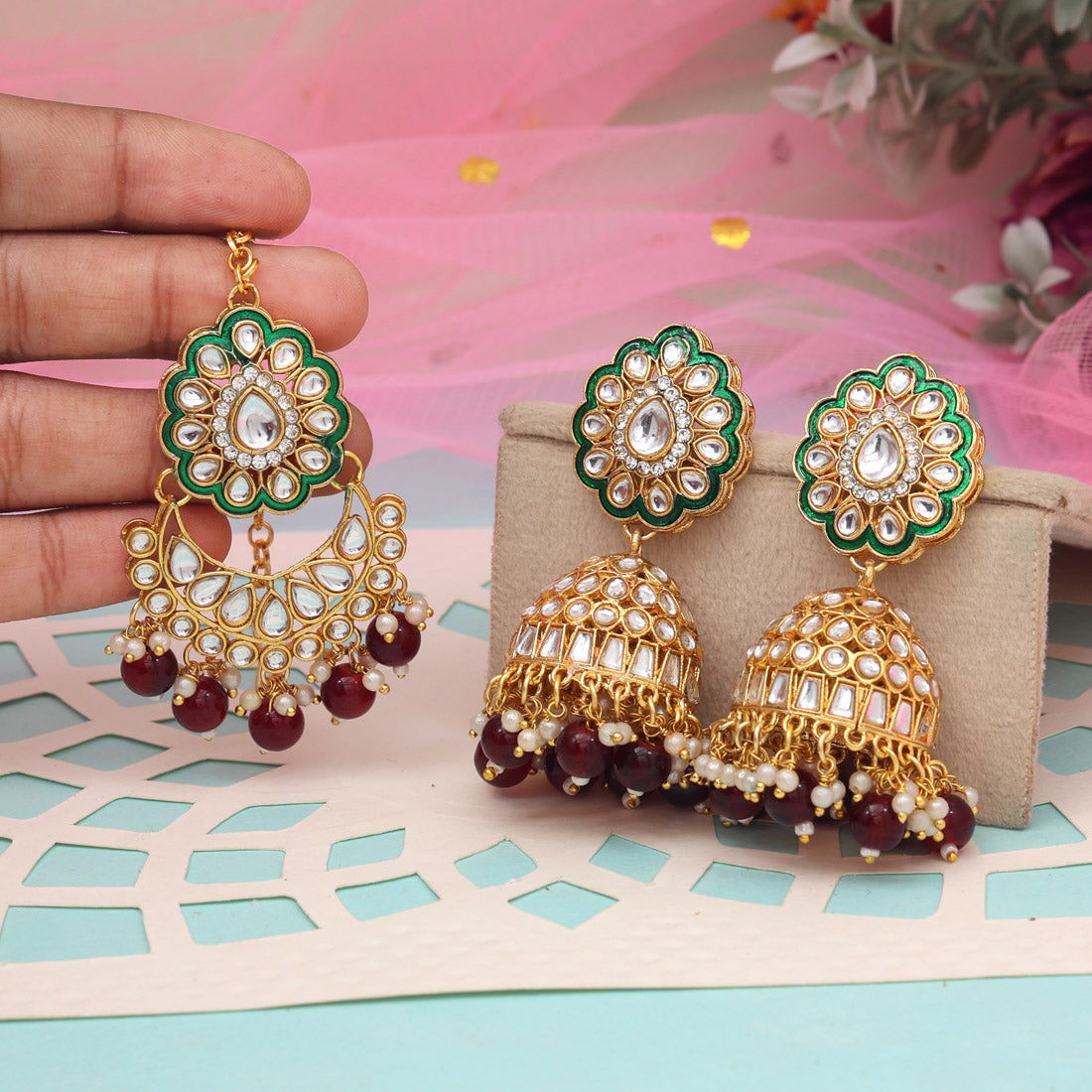 Maroon Color Kundan Earrings With Maang Tikka (KDTE569MRN - preyans.com