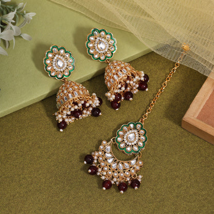 Maroon Color Kundan Earrings With Maang Tikka (KDTE569MRN - preyans.com