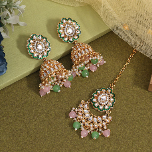 Pink & Pista Green Color Kundan Earrings With Maang Tikka (KDTE569PNKPGRN - preyans.com