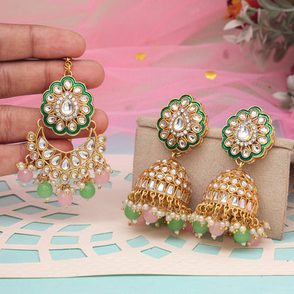 Pink & Pista Green Color Kundan Earrings With Maang Tikka (KDTE569PNKPGRN - preyans.com