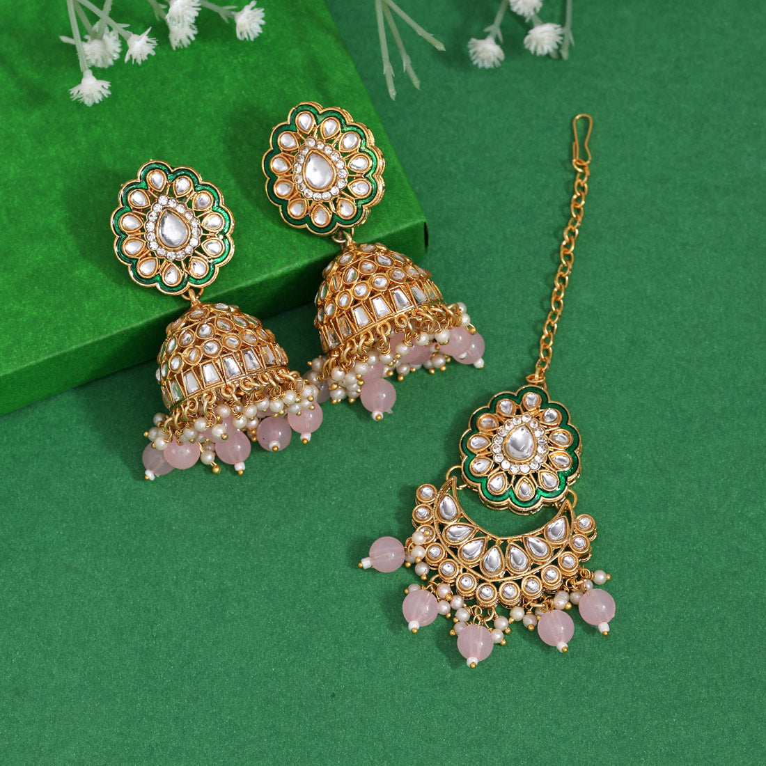 Pink Color Kundan Earrings With Maang Tikka (KDTE569PNK - preyans.com