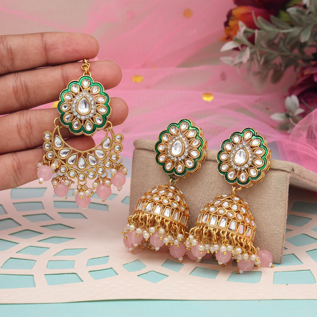 Pink Color Kundan Earrings With Maang Tikka (KDTE569PNK - preyans.com