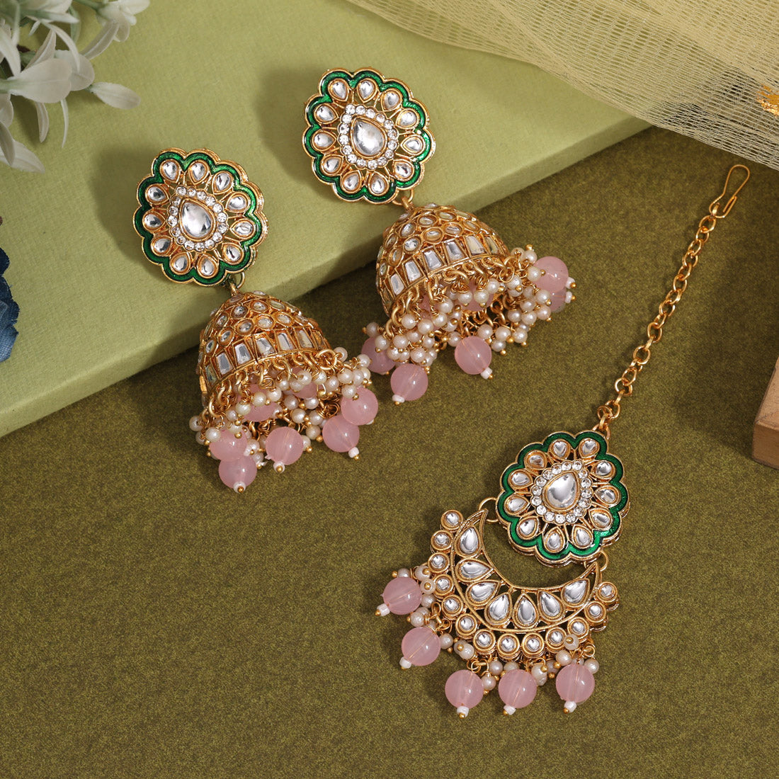 Pink Color Kundan Earrings With Maang Tikka (KDTE569PNK - preyans.com