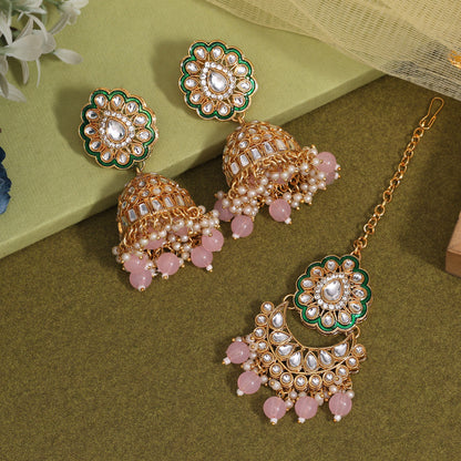 Pink Color Kundan Earrings With Maang Tikka (KDTE569PNK - preyans.com