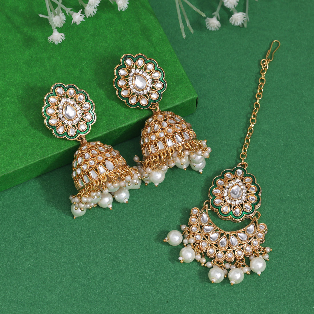 White Color Kundan Earrings With Maang Tikka (KDTE569WHT - preyans.com