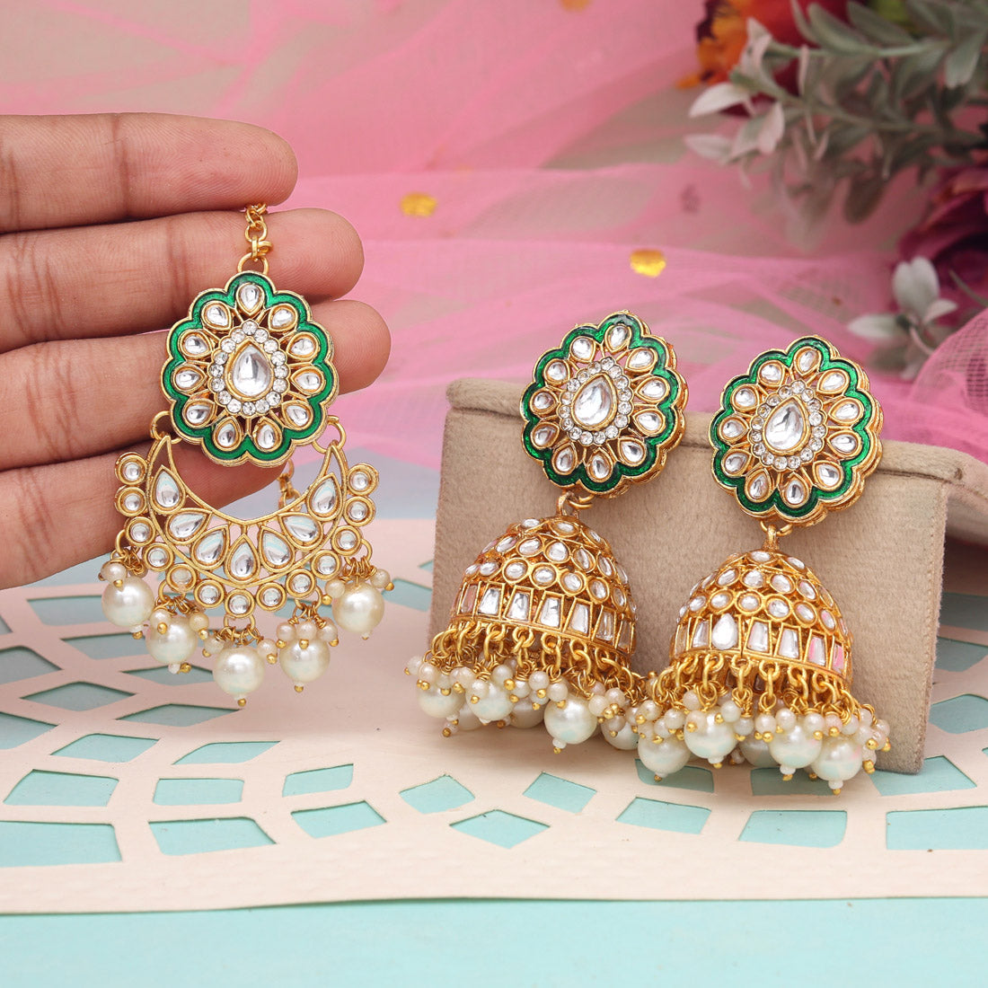 White Color Kundan Earrings With Maang Tikka (KDTE569WHT - preyans.com