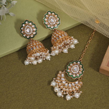 White Color Kundan Earrings With Maang Tikka (KDTE569WHT - preyans.com