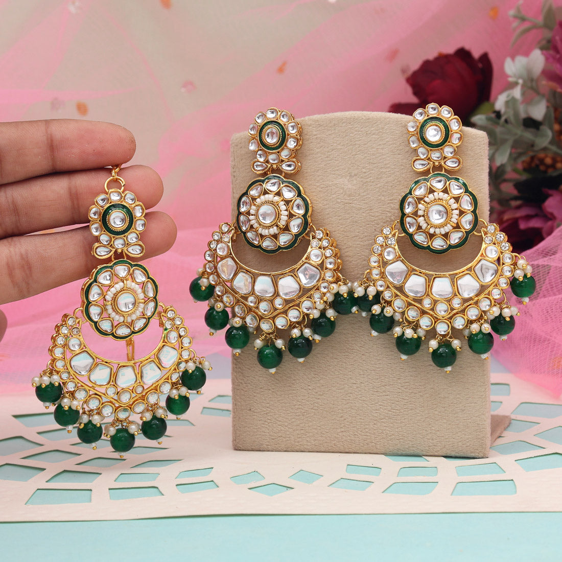 Green Color Kundan Earrings With Maang Tikka (KDTE570GRN - preyans.com