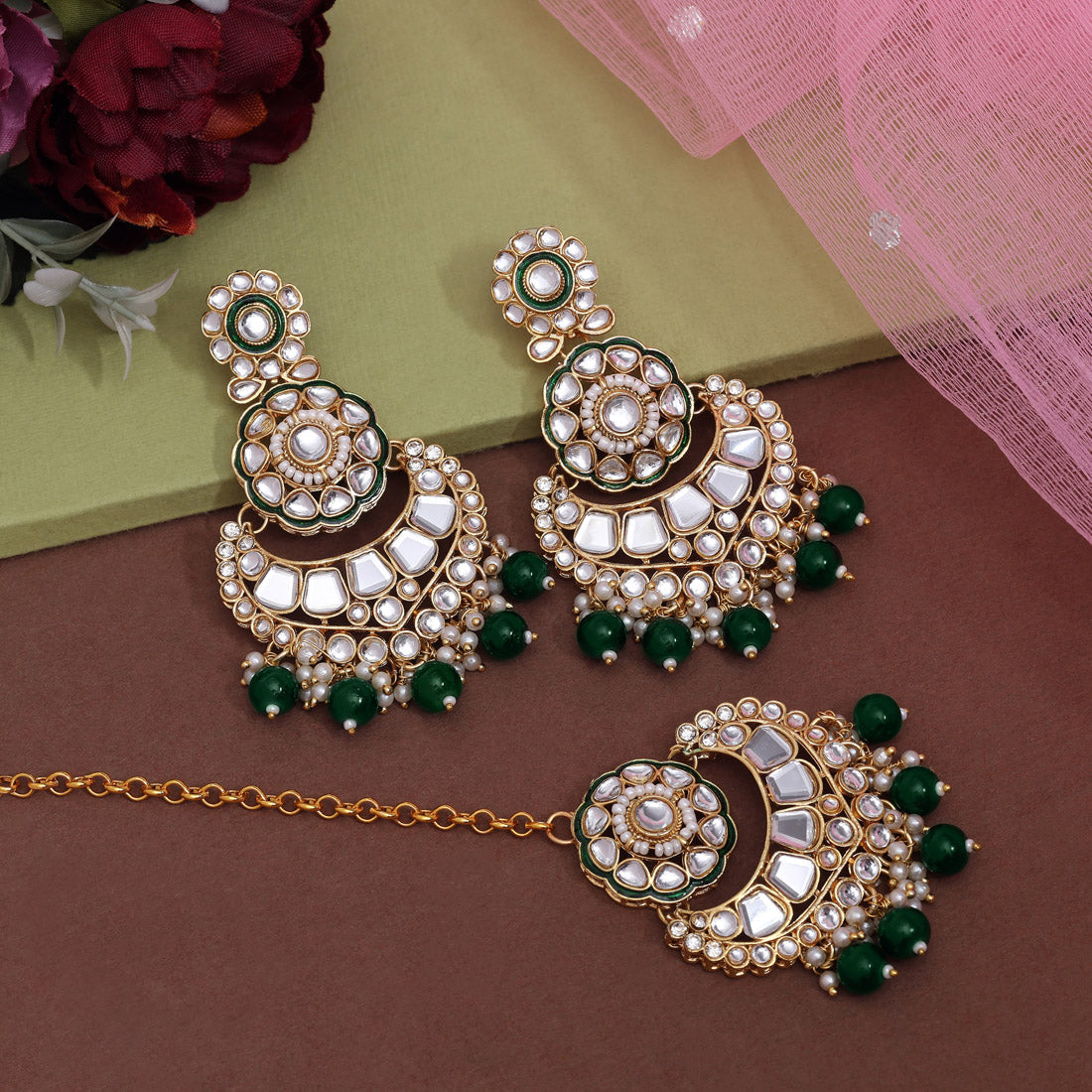 Green Color Kundan Earrings With Maang Tikka (KDTE570GRN - preyans.com