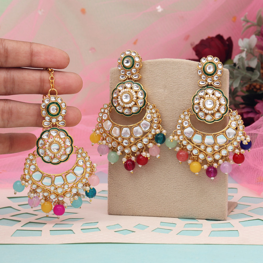 Multi Color Kundan Earrings With Maang Tikka (KDTE570MLT - preyans.com