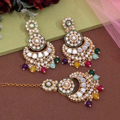 Multi Color Kundan Earrings With Maang Tikka (KDTE570MLT - preyans.com