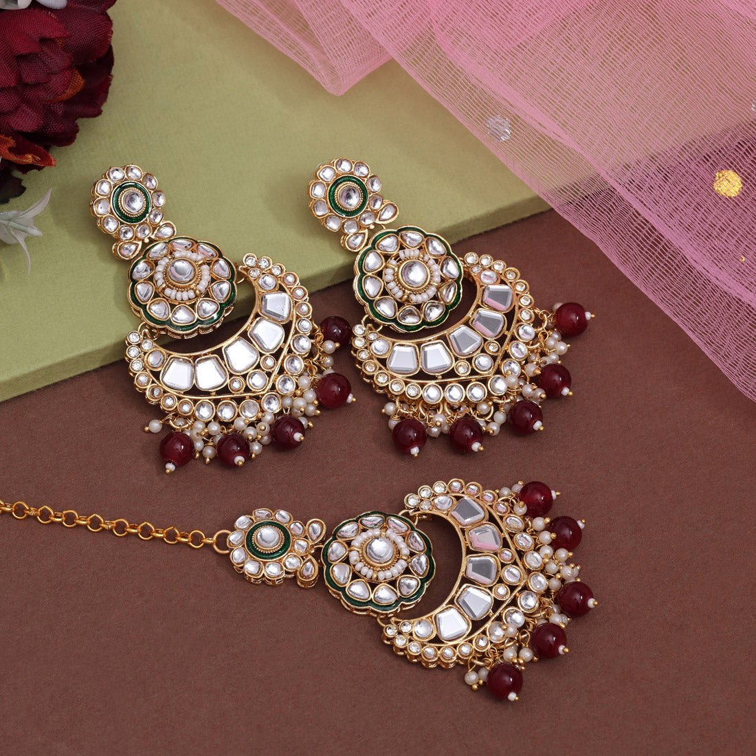 Maroon Color Kundan Earrings With Maang Tikka (KDTE570MRN - preyans.com