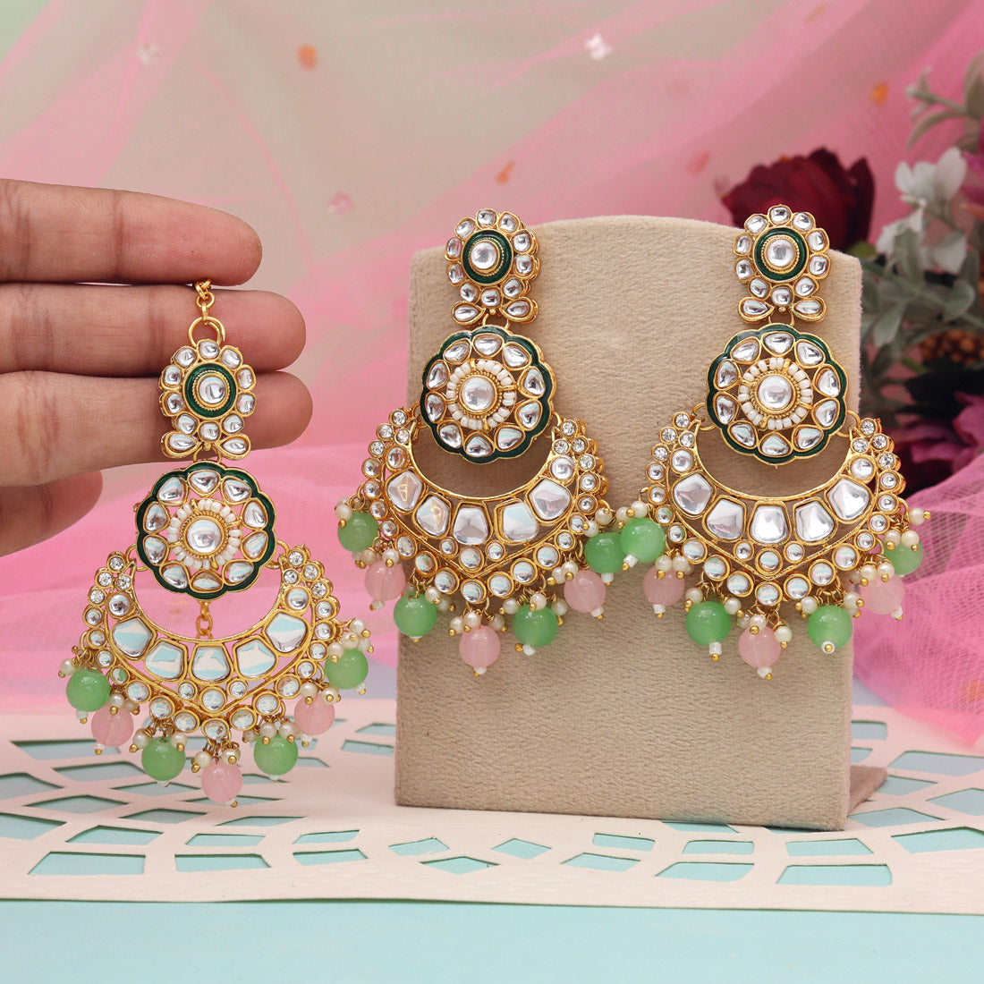 Pink & Pista Green Color Kundan Earrings With Maang Tikka (KDTE570PNKPGRN - preyans.com