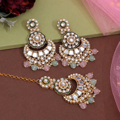 Pink & Pista Green Color Kundan Earrings With Maang Tikka (KDTE570PNKPGRN - preyans.com