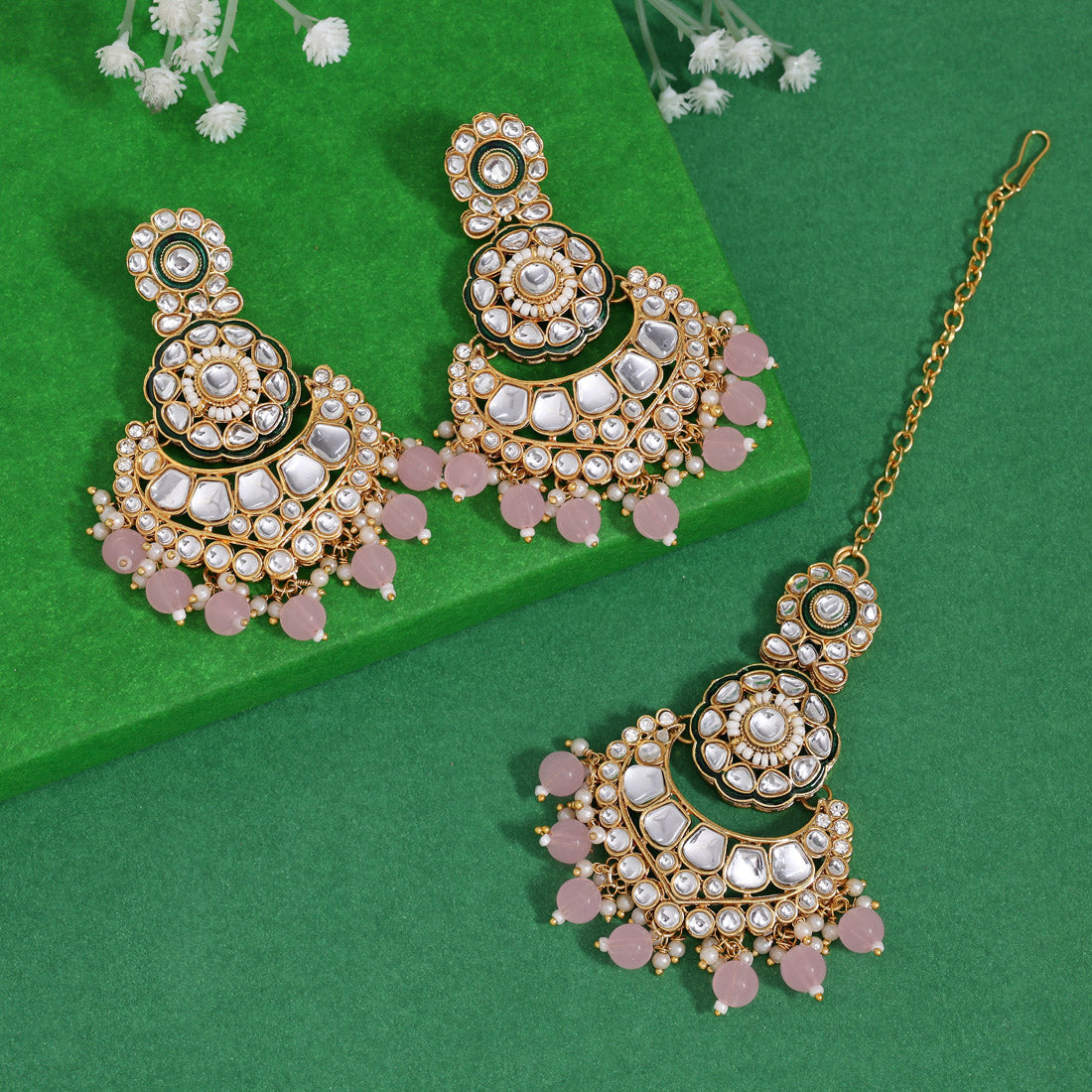 Pink Color Kundan Earrings With Maang Tikka (KDTE570PNK - preyans.com