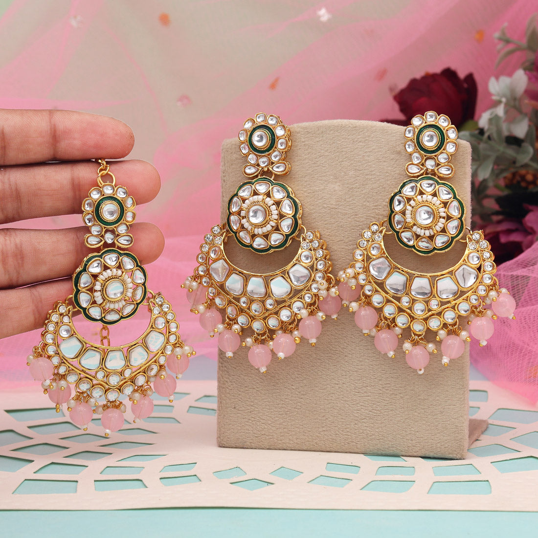 Pink Color Kundan Earrings With Maang Tikka (KDTE570PNK - preyans.com