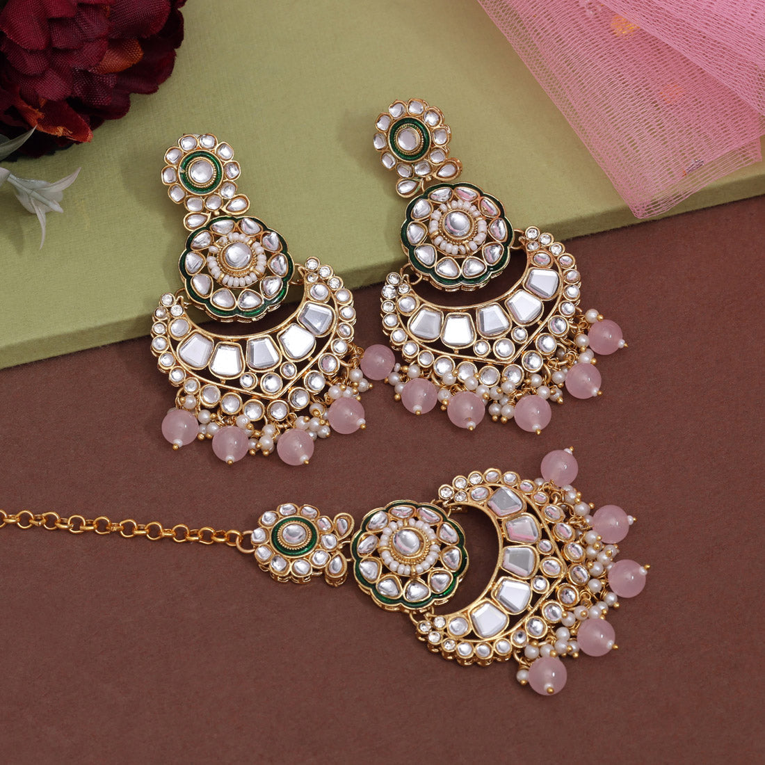 Pink Color Kundan Earrings With Maang Tikka (KDTE570PNK - preyans.com