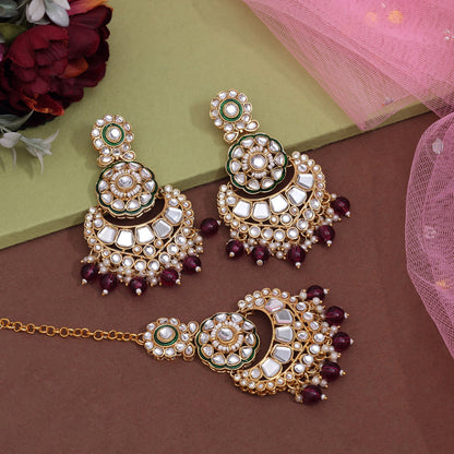 Purple Color Kundan Earrings With Maang Tikka (KDTE570PRP - preyans.com