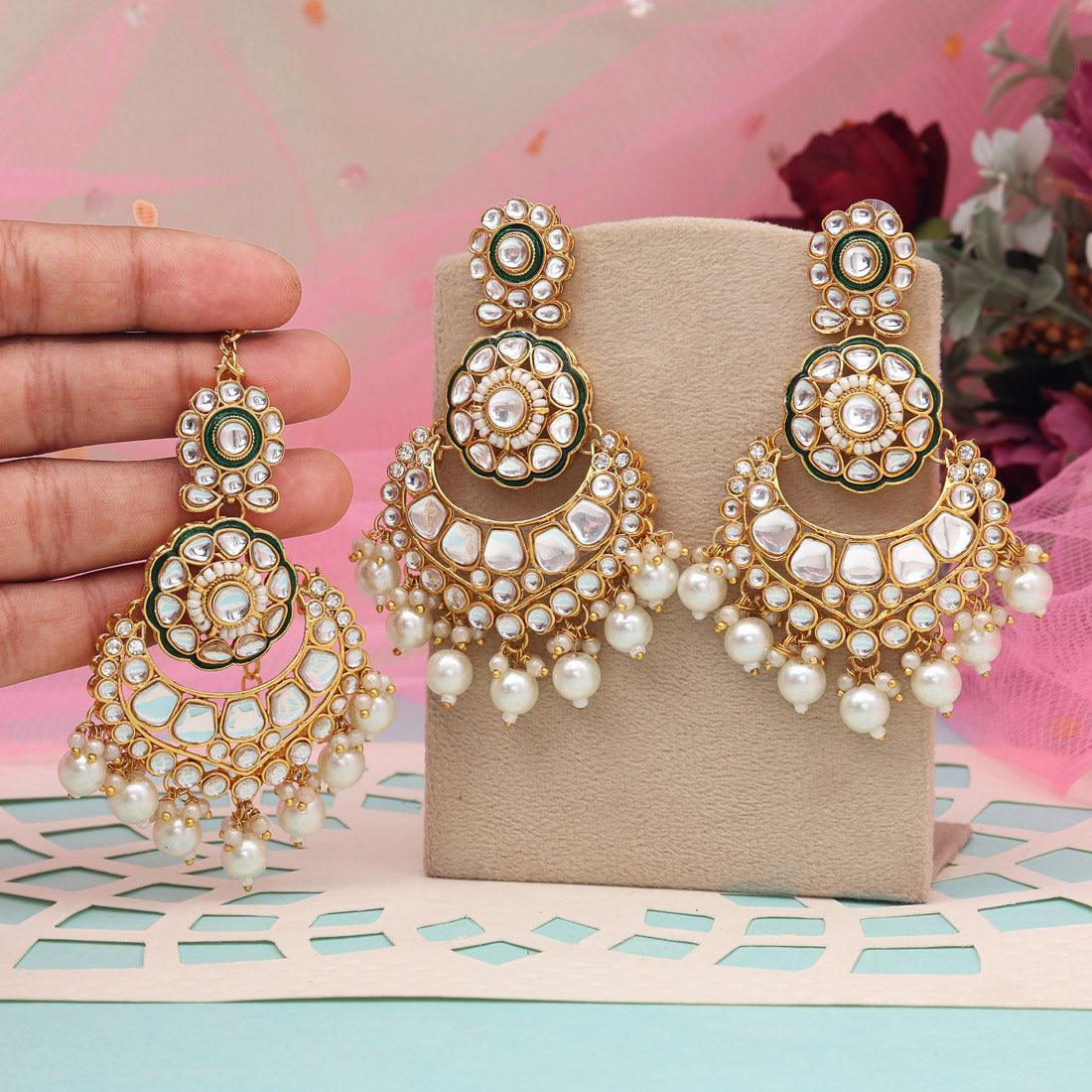 White Color Kundan Earrings With Maang Tikka (KDTE570WHT - preyans.com