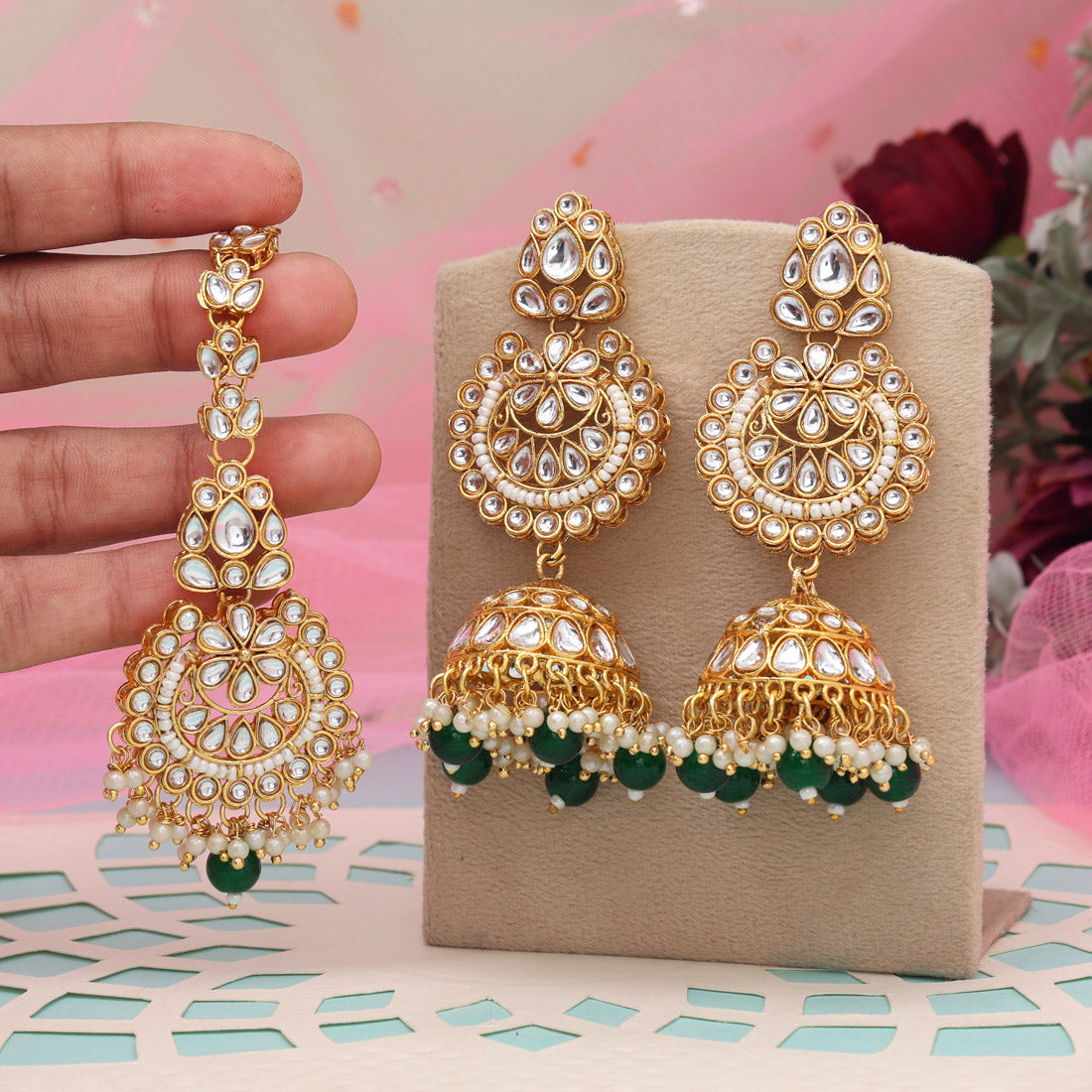 Green Color Kundan Earrings With Maang Tikka (KDTE571GRN - preyans.com