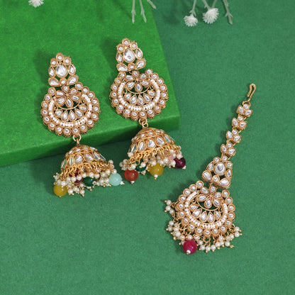 Multi Color Kundan Earrings With Maang Tikka (KDTE571MLT - preyans.com