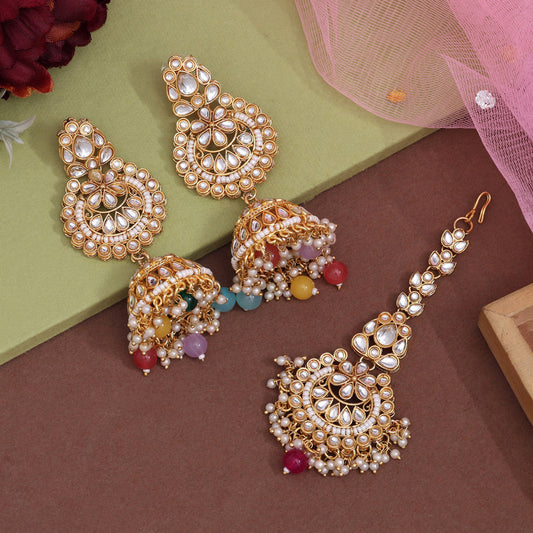 Multi Color Kundan Earrings With Maang Tikka (KDTE571MLT - preyans.com