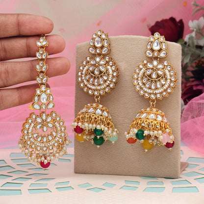 Multi Color Kundan Earrings With Maang Tikka (KDTE571MLT - preyans.com