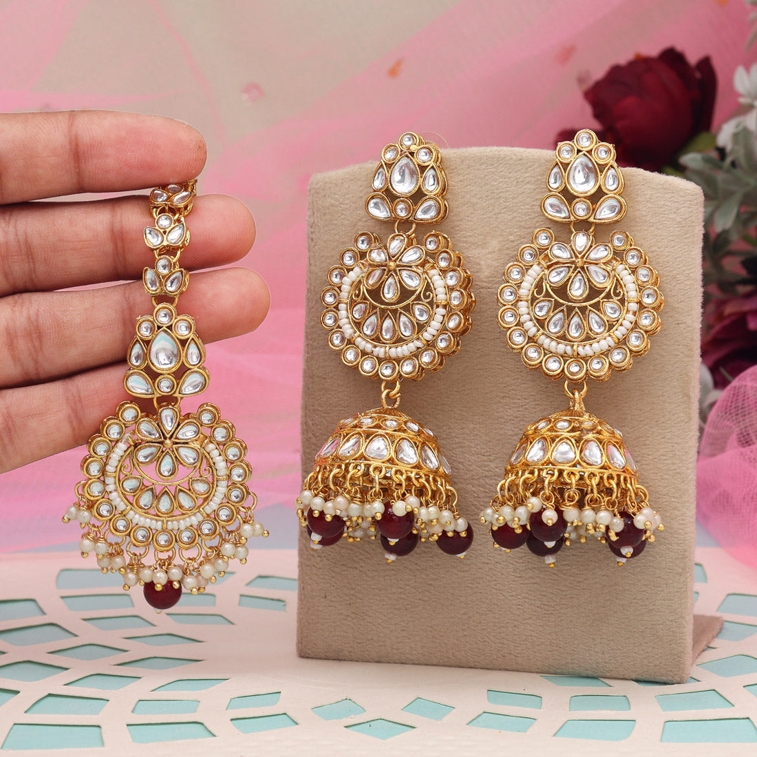 Maroon Color Kundan Earrings With Maang Tikka (KDTE571MRN - preyans.com