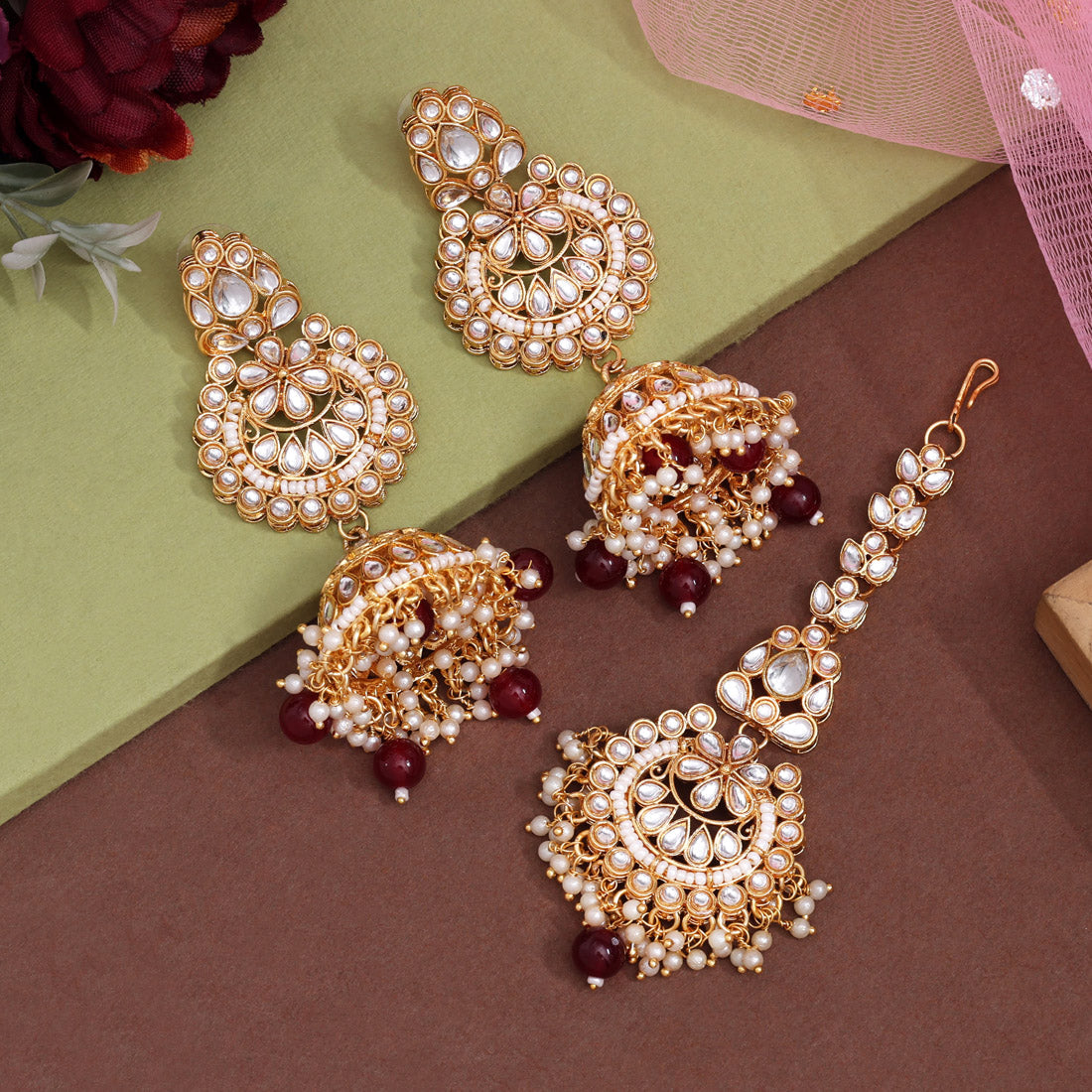 Maroon Color Kundan Earrings With Maang Tikka (KDTE571MRN - preyans.com