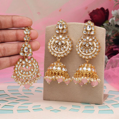 Pink Color Kundan Earrings With Maang Tikka (KDTE571PNK - preyans.com