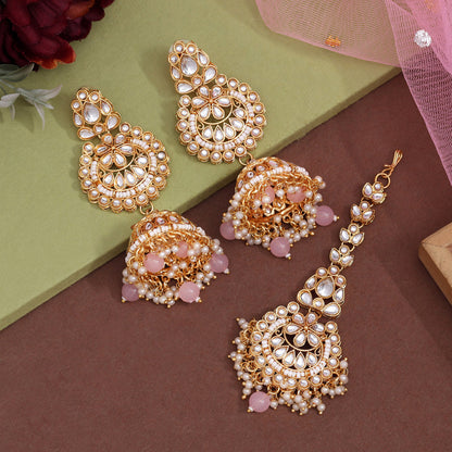 Pink Color Kundan Earrings With Maang Tikka (KDTE571PNK - preyans.com