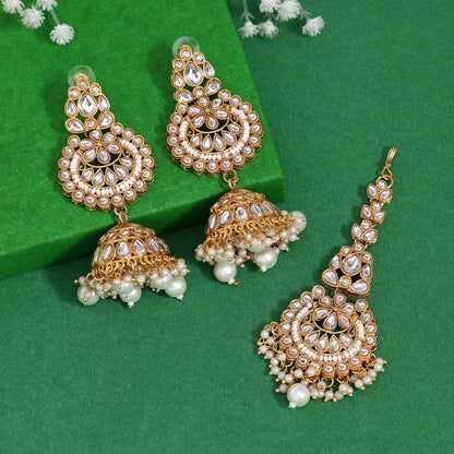 White Color Kundan Earrings With Maang Tikka (KDTE571WHT - preyans.com