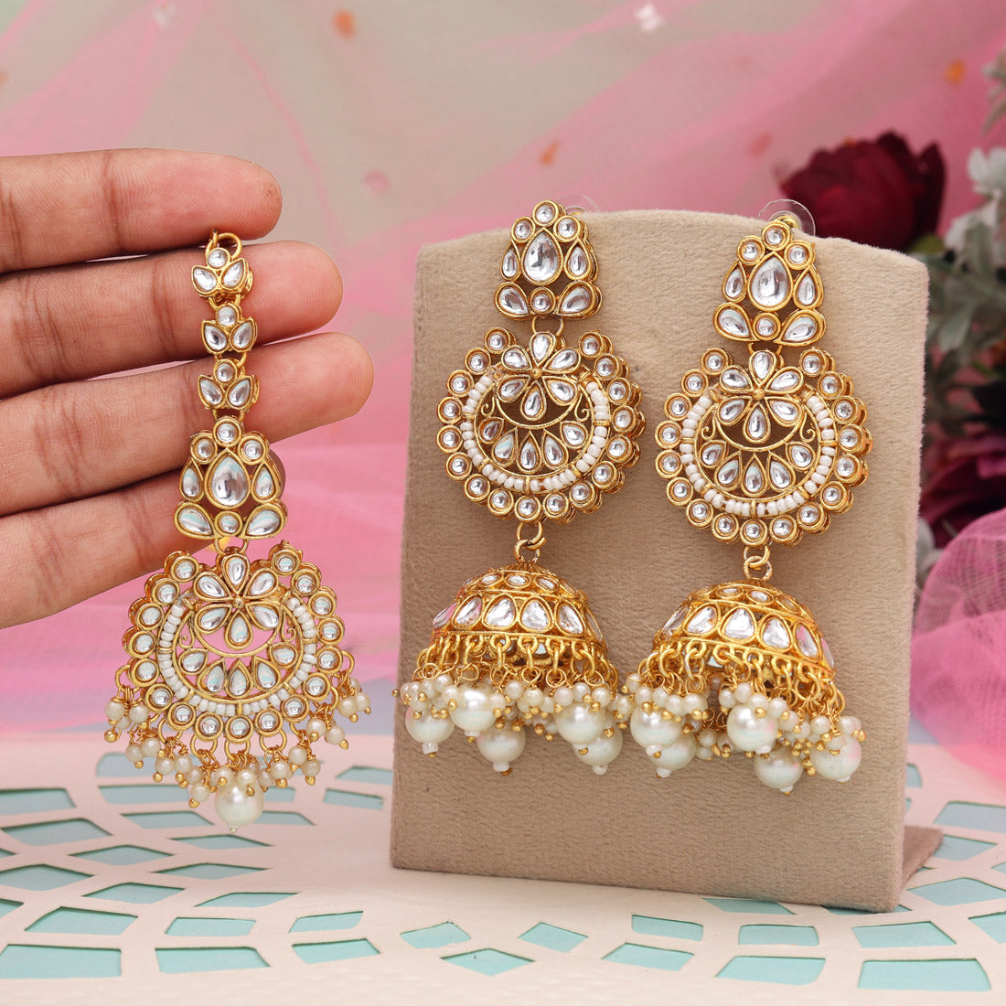 White Color Kundan Earrings With Maang Tikka (KDTE571WHT - preyans.com