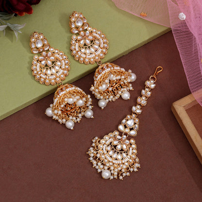 White Color Kundan Earrings With Maang Tikka (KDTE571WHT - preyans.com