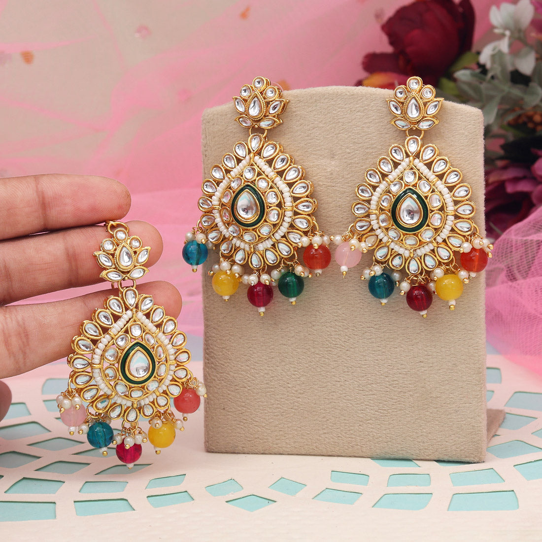 Multi Color Kundan Earrings With Maang Tikka (KDTE572MLT - preyans.com