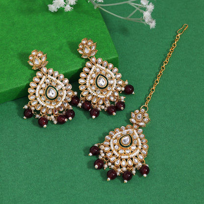 Maroon Color Kundan Earrings With Maang Tikka (KDTE572MRN - preyans.com