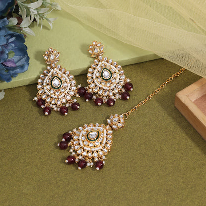 Maroon Color Kundan Earrings With Maang Tikka (KDTE572MRN - preyans.com