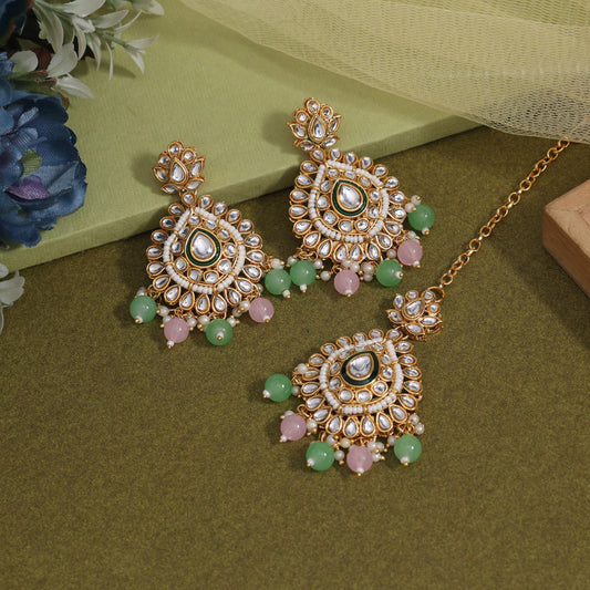 Pink & Pista Green Color Kundan Earrings With Maang Tikka (KDTE572PNKPGRN - preyans.com