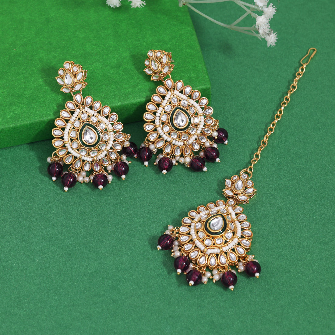 Purple Color Kundan Earrings With Maang Tikka (KDTE572PRP - preyans.com