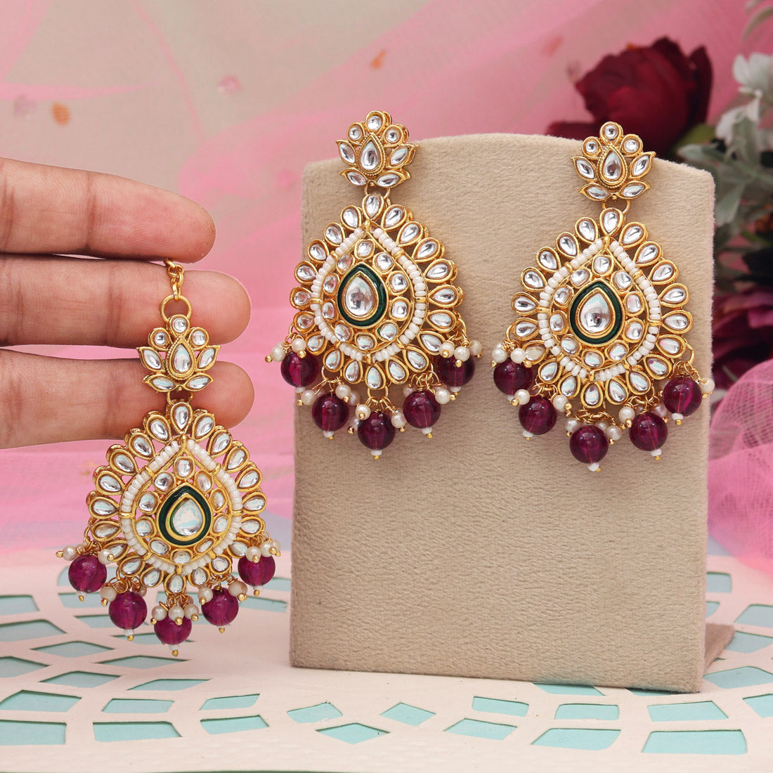 Purple Color Kundan Earrings With Maang Tikka (KDTE572PRP - preyans.com