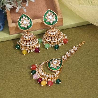 Multi Color Kundan Earrings With Maang Tikka (KDTE573MLT - preyans.com