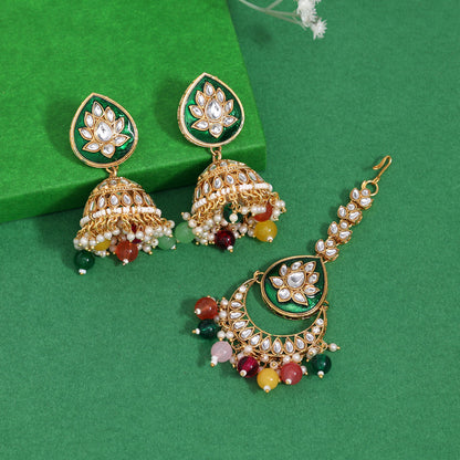 Multi Color Kundan Earrings With Maang Tikka (KDTE573MLT - preyans.com