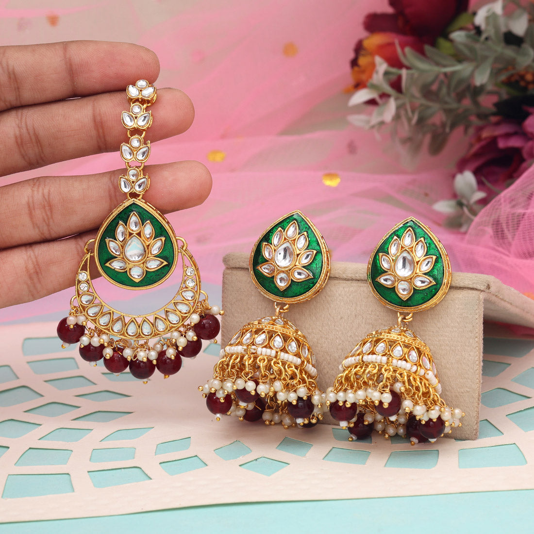 Maroon Color Kundan Earrings With Maang Tikka (KDTE573MRN - preyans.com